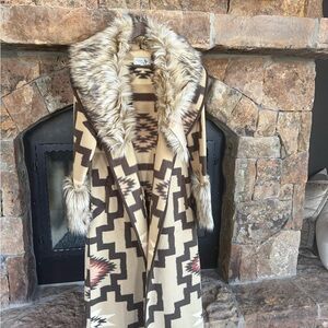 Tasha Polizzi Geometric Pattern Coat with Faux Fur Trim